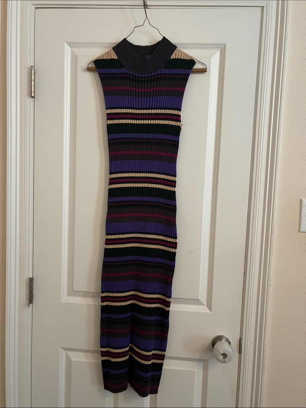 Anthropologie Dolan Striped Ribbed Midi Dress in Purple, Black and Tan